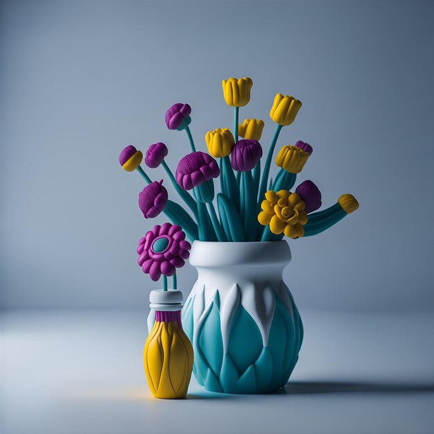 Lindas y diminutas flores de colores en un jarrón 3D rendering