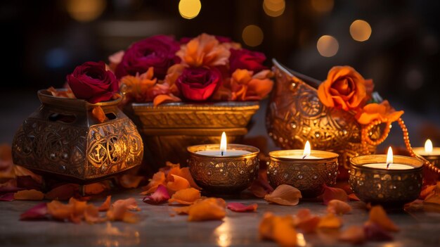 Lindas diyas de diwali com presente e flores felizes