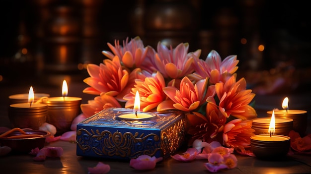 Lindas diyas de diwali com presente e flores felizes