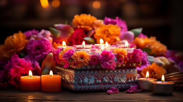 Lindas diyas de diwali com presente e flores felizes