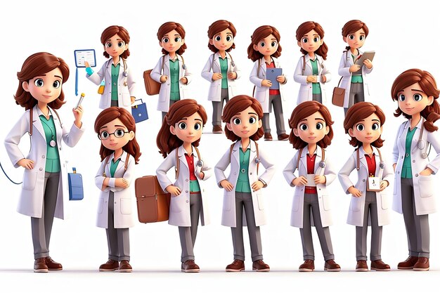 Lindas doctoras con inteligencia, personajes inteligentes y capaces para proyectos de la industria médica aislados en fondo blanco