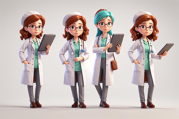 Lindas doctoras con inteligencia, personajes inteligentes y capaces para proyectos de la industria médica aislados en fondo blanco