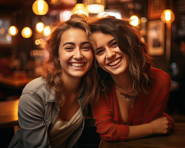 Lindas duas jovens mulheres desfrutam da união, passam o tempo de lazer no café oriental, colocam a câmera com del