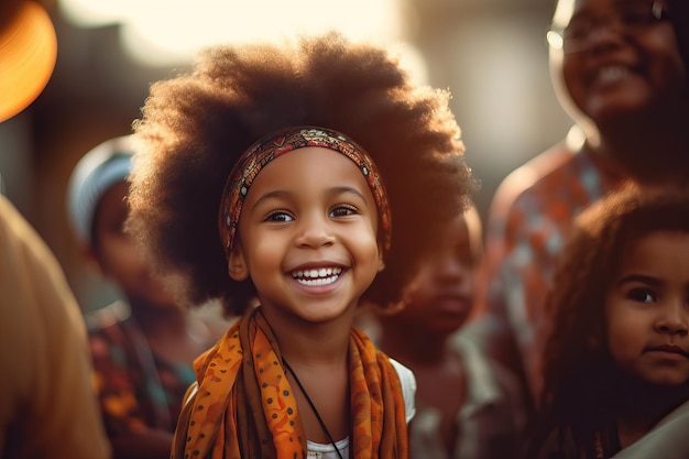 Lindas e adoráveis crianças afro-americanas celebrando o bokeh desfocado da vida