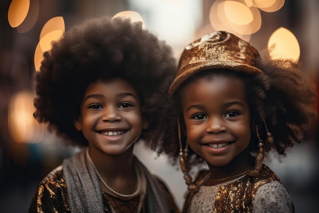 Lindas e adoráveis crianças afro-americanas celebrando o bokeh desfocado da vida