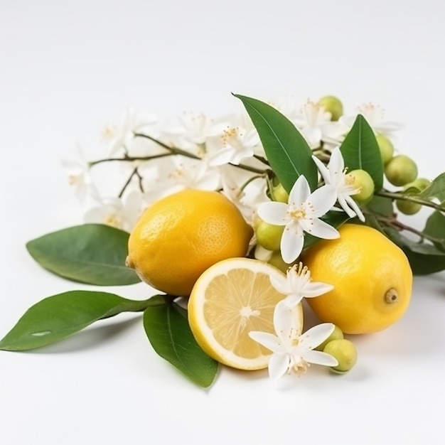 Lindas flores brancas de limão e frutas amarelas brilhantes fechadas sobre um fundo branco e frutado
