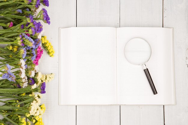 Lindas flores coloridas abrem o livro em branco e a lupa