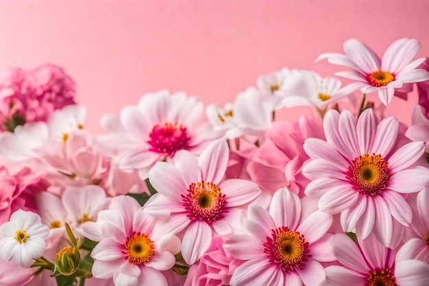 Lindas flores cor de rosa e brancas em fundo rosa