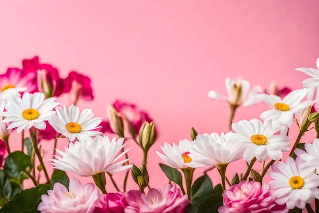Lindas flores cor de rosa e brancas em fundo rosa