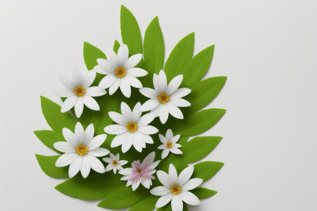 lindas flores da primavera e folhas em fundo branco com espaço negativo