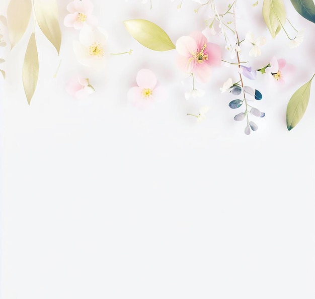 lindas flores da primavera e folhas em fundo branco com espaço negativo