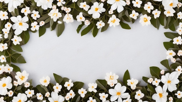 lindas flores da primavera e folhas em fundo branco com espaço negativo