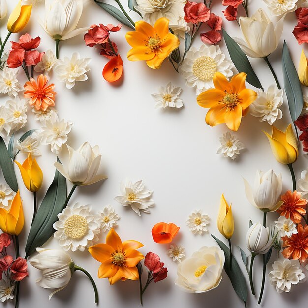 lindas flores da primavera e folhas em fundo branco com espaço negativo