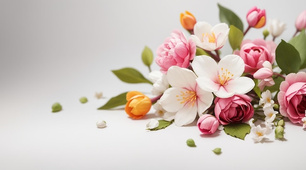 lindas flores da primavera e folhas em fundo branco com espaço negativo