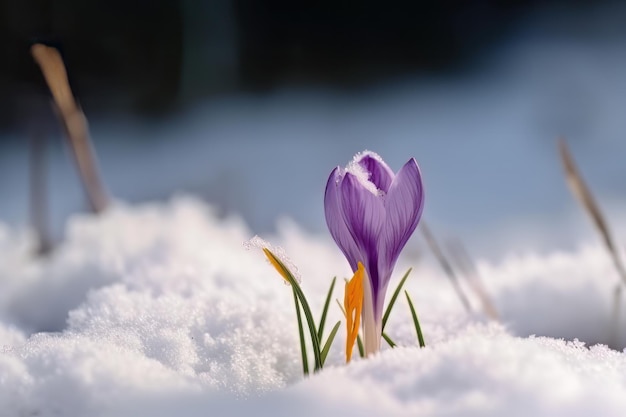 Lindas flores de açafrão da primavera crescendo através da neve ao ar livre Generative ai