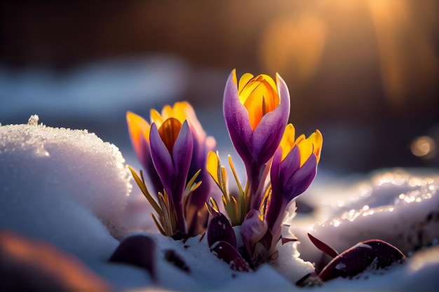 Lindas flores de açafrão na neve Início da primavera Símbolo de paz e alegria ai generativo