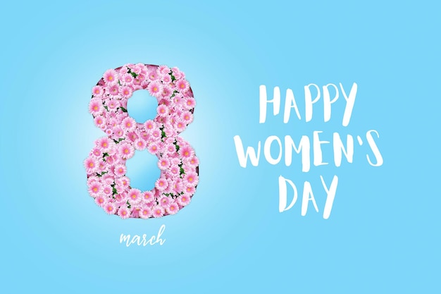 Foto lindas flores de camomila rosa e cortinas crescem a partir do número 8 em um fundo azul feliz ideia criativa de 8 de março feliz conceito do dia mundial da mulher