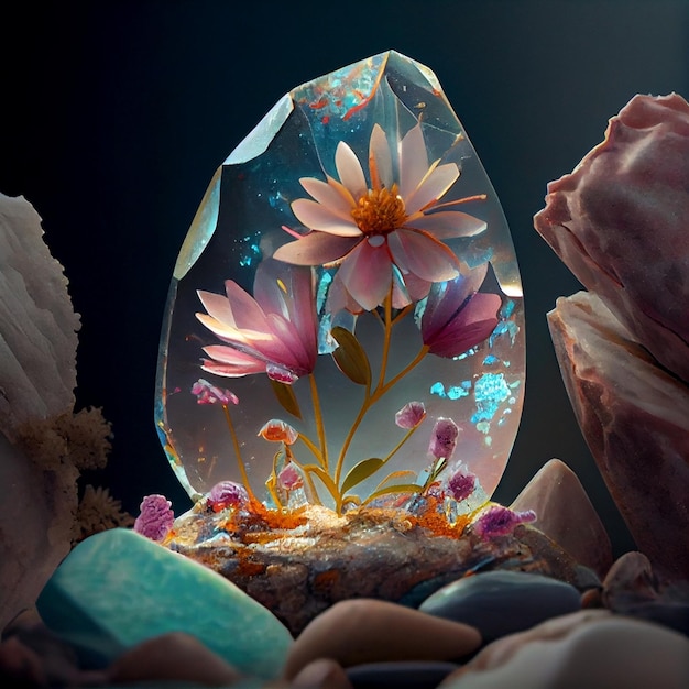 Lindas flores de fantasia dentro da pedra de quartzo generativa ai