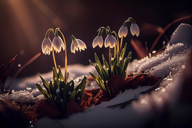 Lindas flores de floco de neve na neve Primeira flor da primavera generativa ai