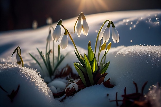 Lindas flores de floco de neve na neve Primeira flor da primavera generativa ai