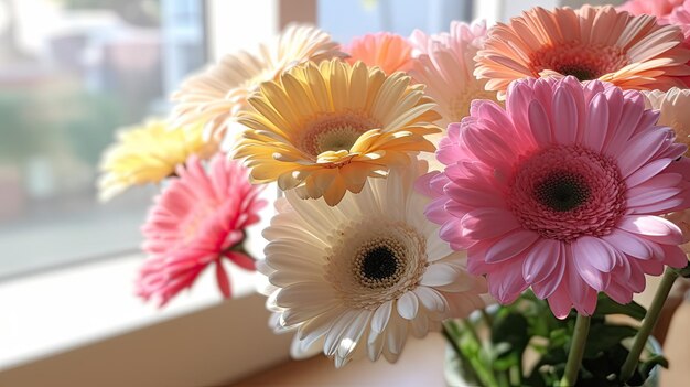 Lindas flores de gerbera no peitoril da janela