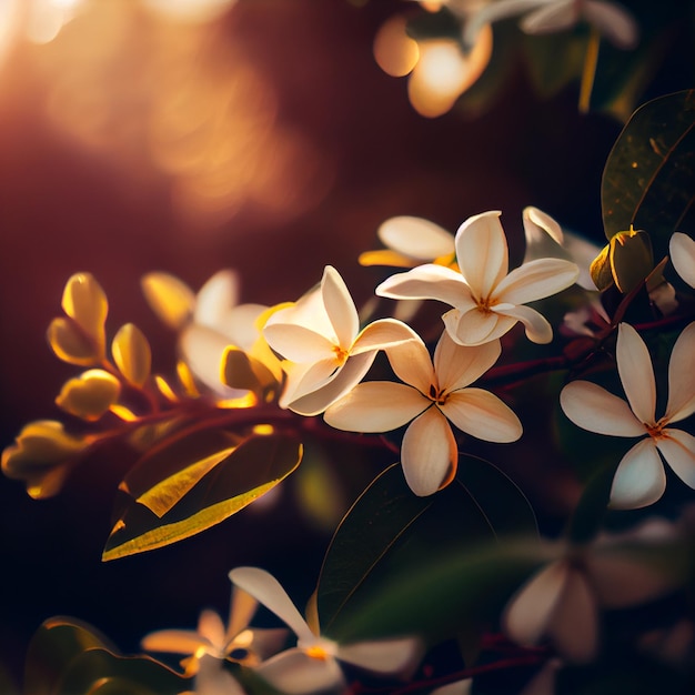 Lindas flores de jasmim no campo de grama com fundo pôr do sol generativo ai