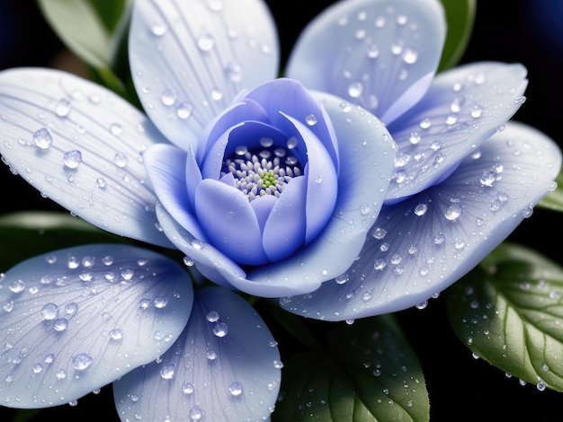 Lindas flores de pervinca com gotas de água