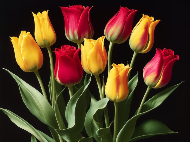 Lindas flores de tulipa em fundo preto Generative AI