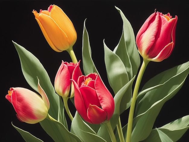 Lindas flores de tulipa em fundo preto Generative AI