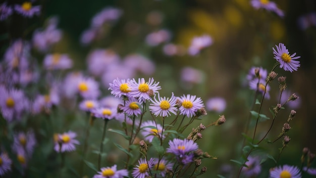 Lindas flores desbloqueiam seu jardim de flores silvestres com ásteres coloridos como pano de fundo IA generativa