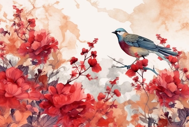 Lindas flores e pássaros com aquarelas generativas ai