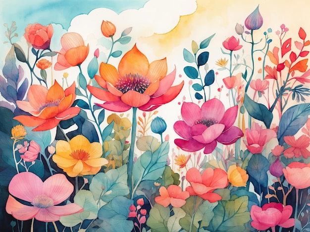 Lindas flores em aquarela ilustração estilizada Generative AI