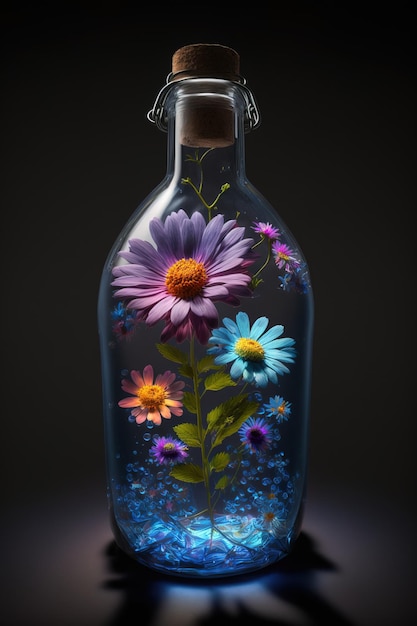 Lindas flores em óleos de garrafa e essências de tecnologia AI fresca