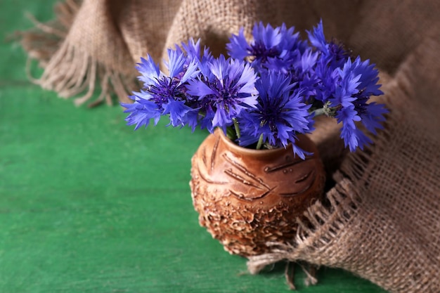 Lindas flores em vaso com fundo de madeira