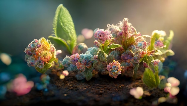 Lindas flores exóticas e plantas exóticas em diferentes tons em close-up, renderização em 3D