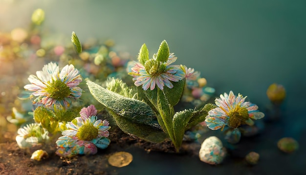 Lindas flores exóticas e plantas exóticas em diferentes tons em close-up, renderização em 3D