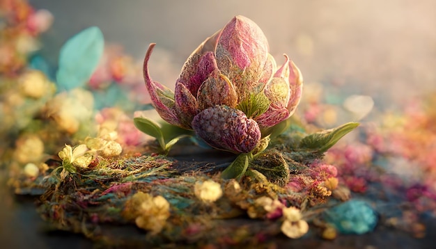 Lindas flores exóticas e plantas exóticas em diferentes tons em close-up, renderização em 3D