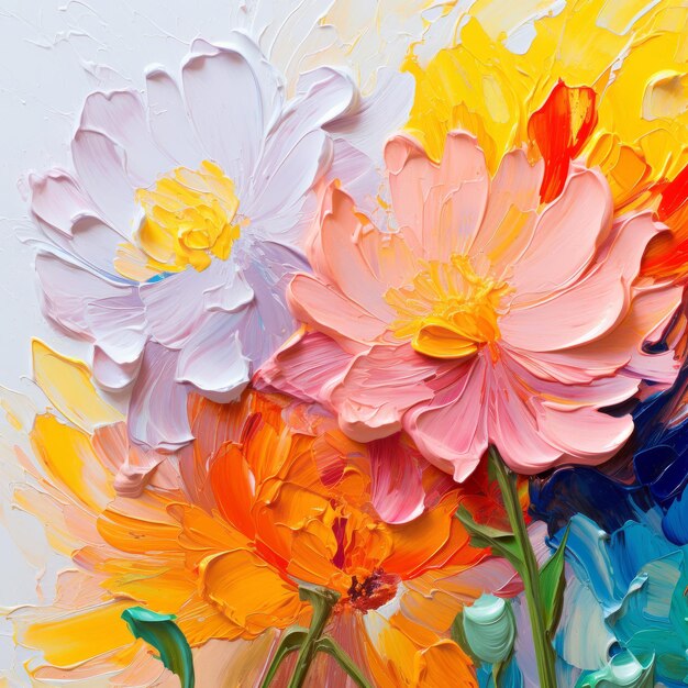 Lindas flores multicoloridas em um fundo branco Fragmento de obras de arte