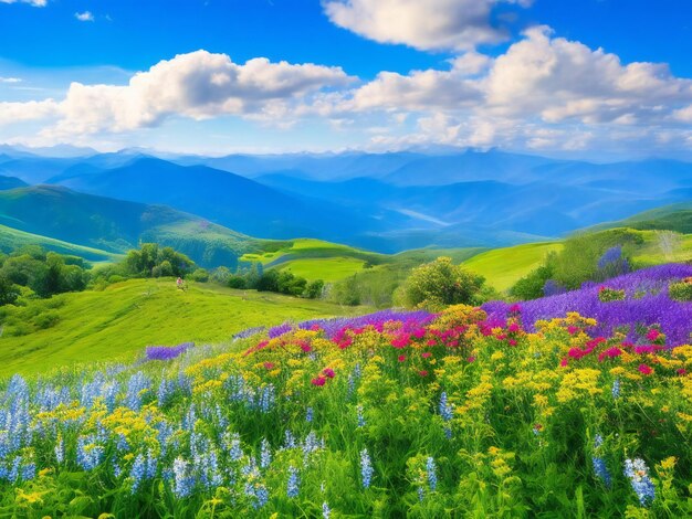 lindas flores nas montanhas com céu azul beleza natural