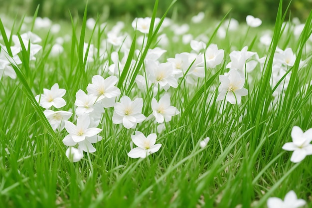 Lindas flores naturais de grama branca no jardim verde