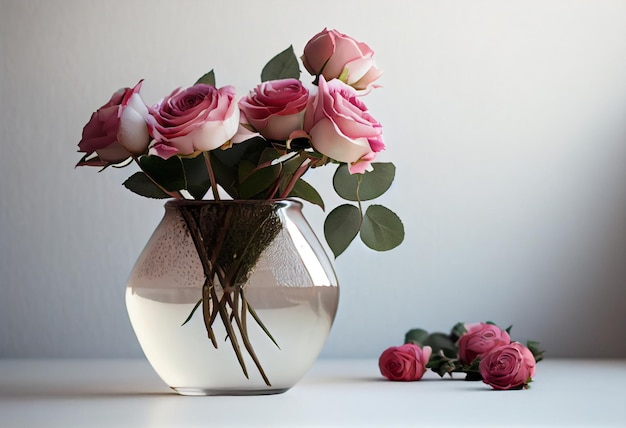 Lindas flores rosas rosas em um vaso na prateleira contra a parede branca gerada por IA