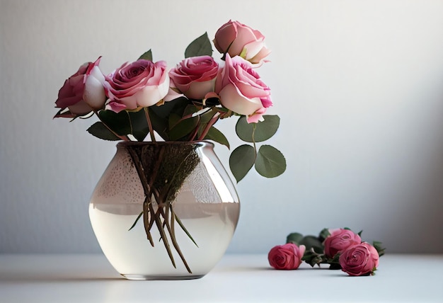 Lindas flores rosas rosas em um vaso na prateleira contra a parede branca gerada por ia