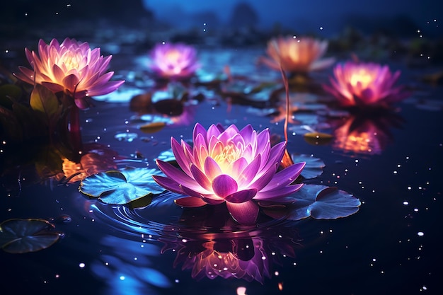 Lindas flores roxas brilhantes de lótus flutuando na água do lago à noite calma