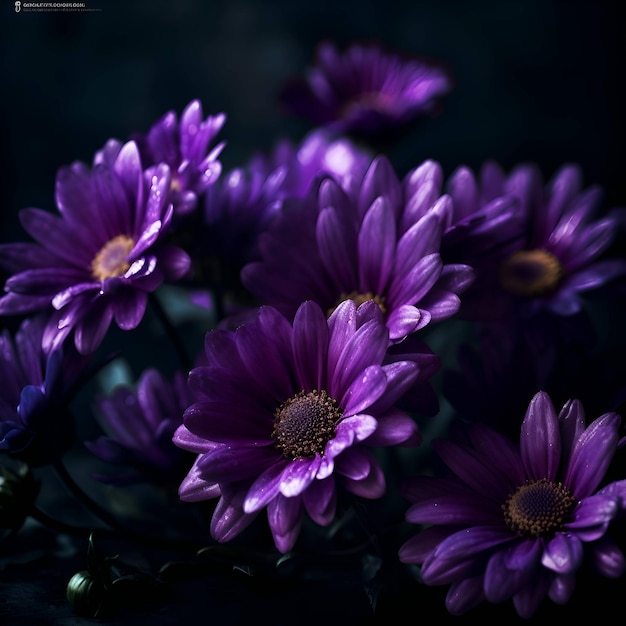 Lindas flores roxas de crisântemo em um fundo escuro