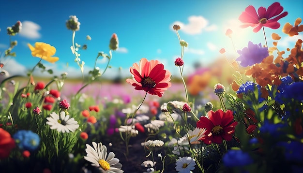 Lindas flores silvestres de verão no prado contra a luz do sol e o céu azul Fundo de primavera e verão Generative AI