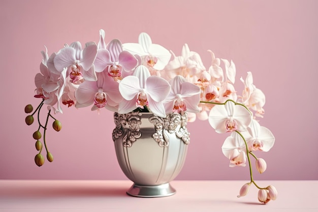 Lindas flores Vaso de mesa com orquídeas rosa Orquídea phalaenopsis rosa em fundo rosa pastel