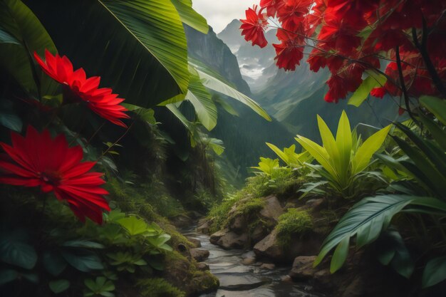 Lindas flores vermelhas na floresta tropical Floral de fundo generativo ai