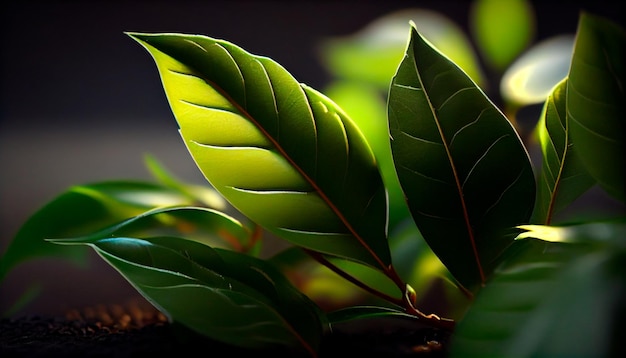 Lindas folhas de chá verde com luz solar AI generativa