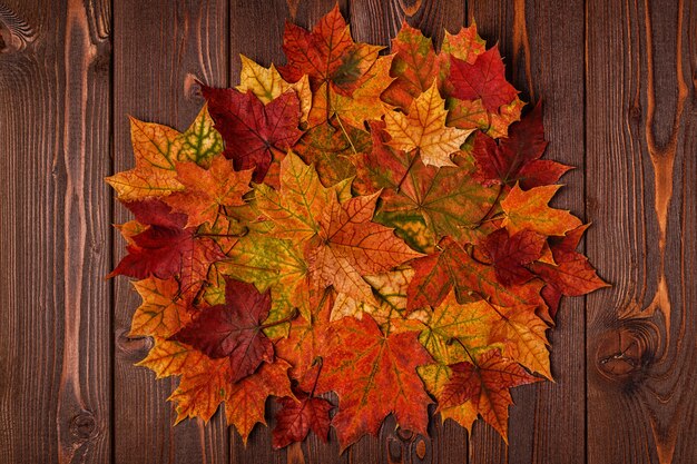 Lindas folhas de outono em uma mesa de madeira