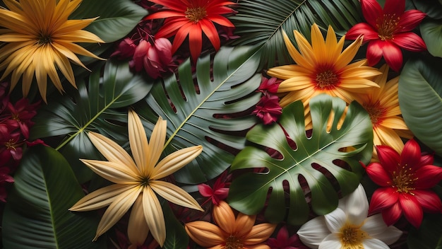 Lindas folhas tropicais e flores planas fundo floral Ai generative